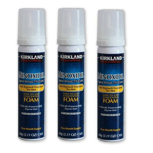 THREE MONTH SUPPLY OF KIRKLAND 5% foam MINOXIDIL   Kirkland Minoxidil 5% Foam has the Same ingredients as Rogaine / Reagne Foam for Men it is clinically proven to help regrow hair and revitalizes hair follicles for extra strength.